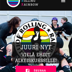 Screenshot of the Kallio Rolling Rainbow roller derby league wordpress site mobile version